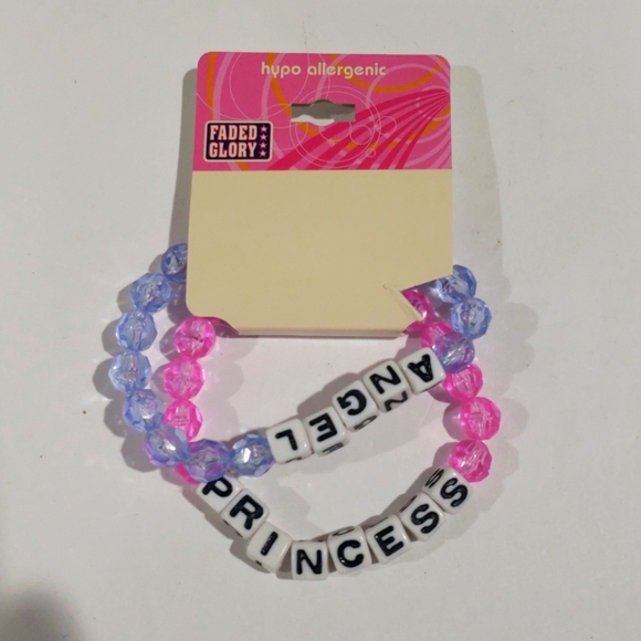 Set of 2 Blue Pink Beaded Stretch Bracelet " Princess" "Angel" - Women's Jewelry - Picture 6 of 8